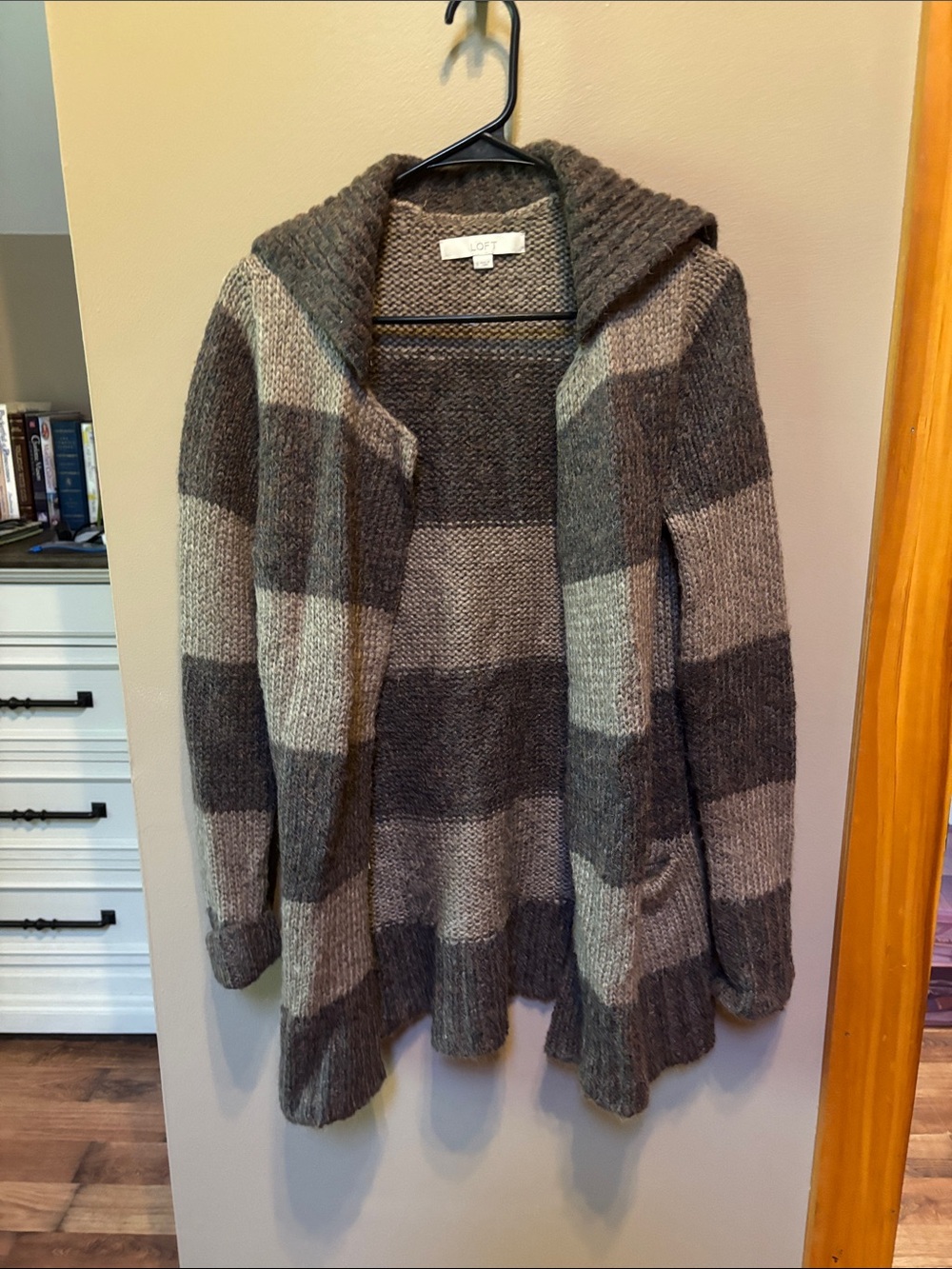 LOFT Gray Striped Hooded Open-Front Cardigan